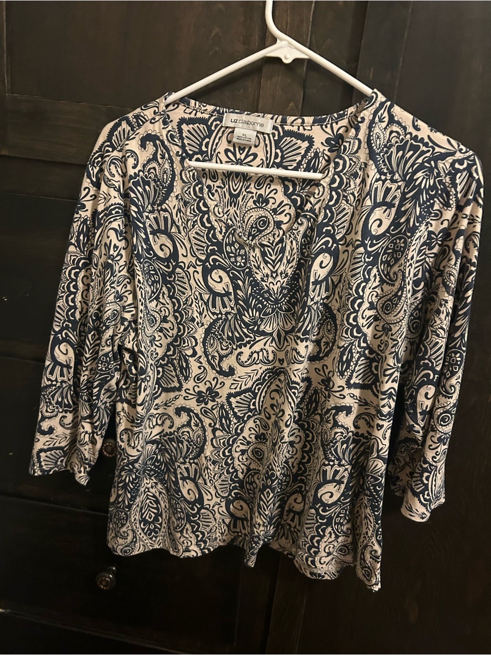 Liz Claiborne Navy and Cream Paisley Open-Front Tunic